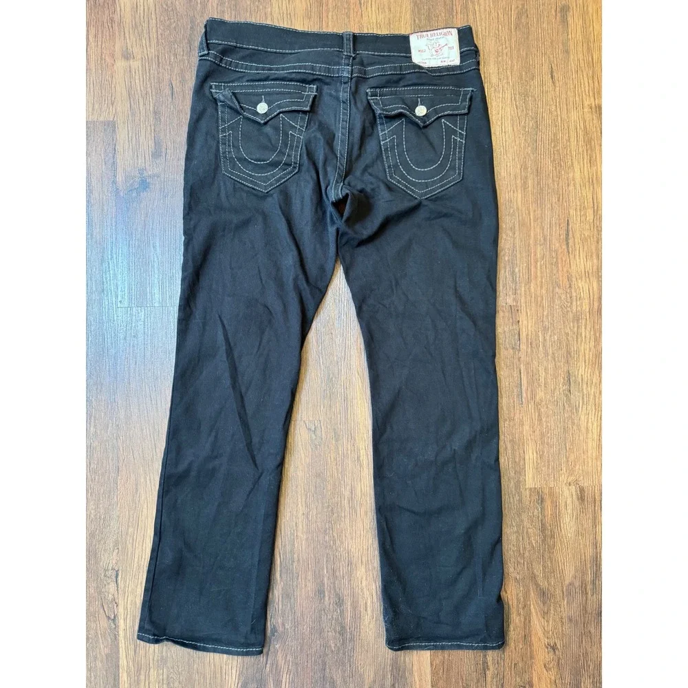 Y2K True Religion Ricky Relaxed Straight Black Grey Stitch Flap Jeans Sz 36